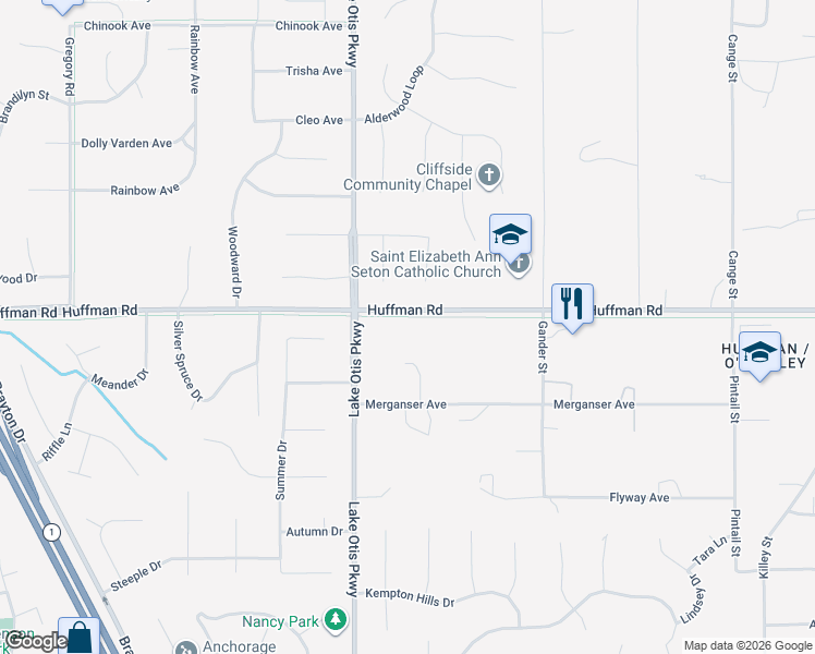 map of restaurants, bars, coffee shops, grocery stores, and more near 2700 Huffman Road in Anchorage