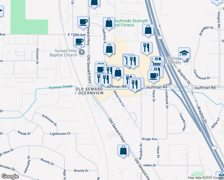 map of restaurants, bars, coffee shops, grocery stores, and more near 1160 Huffman Park Drive in Anchorage
