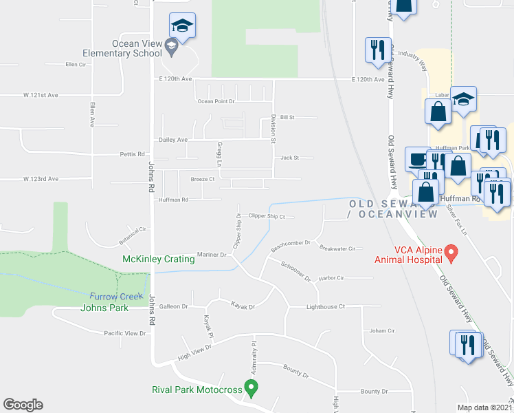 map of restaurants, bars, coffee shops, grocery stores, and more near 521 Clipper Ship Court in Anchorage