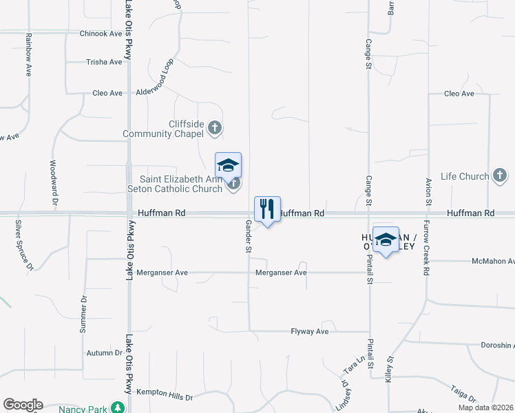 map of restaurants, bars, coffee shops, grocery stores, and more near 3025 Huffman Road in Anchorage