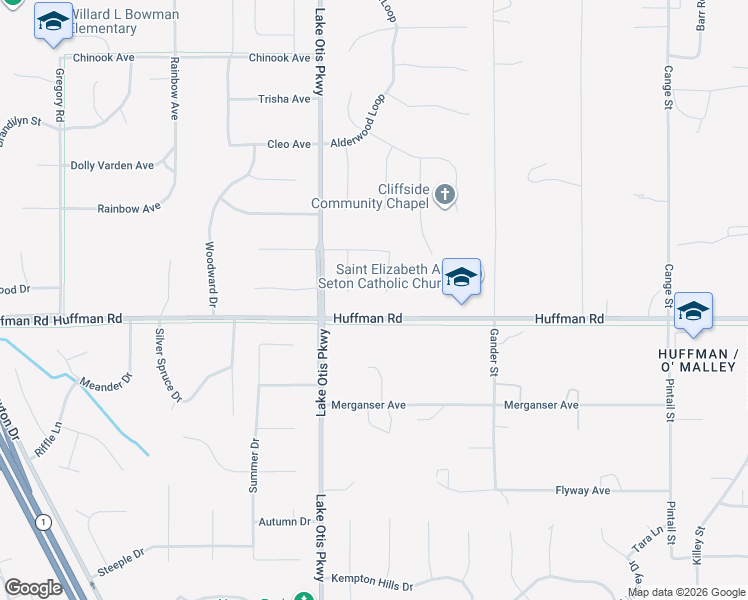 map of restaurants, bars, coffee shops, grocery stores, and more near 2700 Huffman Road in Anchorage