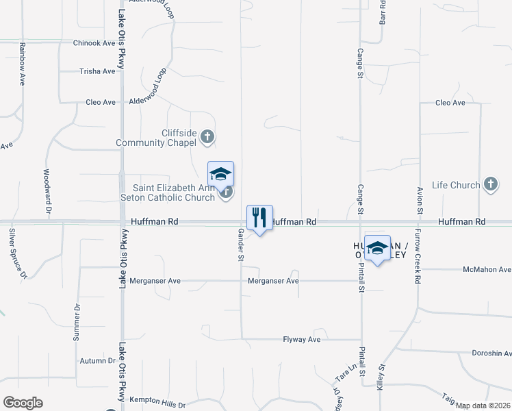 map of restaurants, bars, coffee shops, grocery stores, and more near 3025 Huffman Road in Anchorage