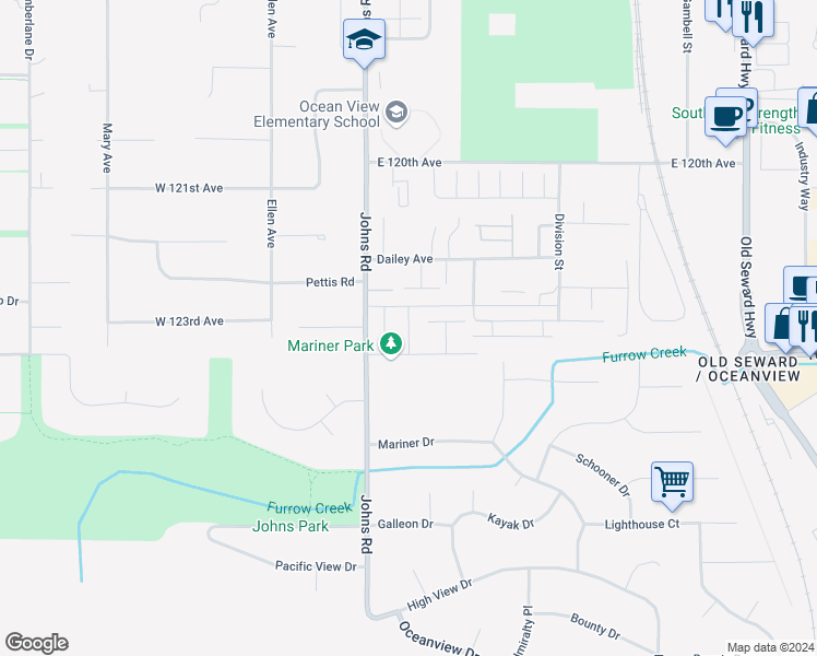 map of restaurants, bars, coffee shops, grocery stores, and more near 12425 Johns Road in Anchorage