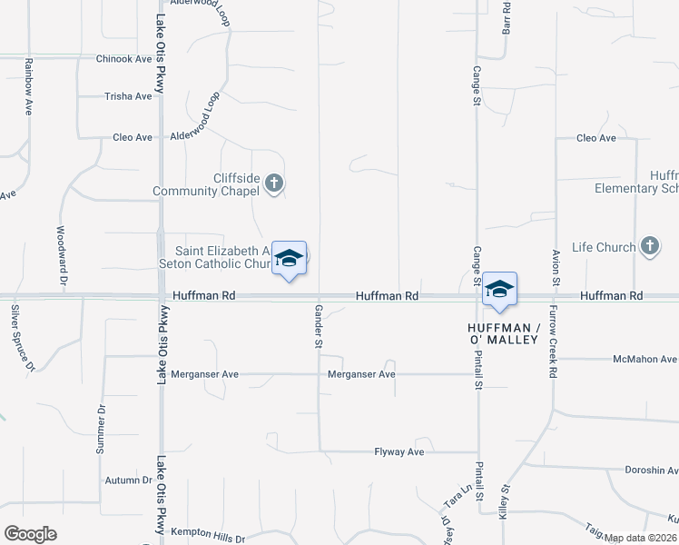 map of restaurants, bars, coffee shops, grocery stores, and more near 3025 Huffman Road in Anchorage