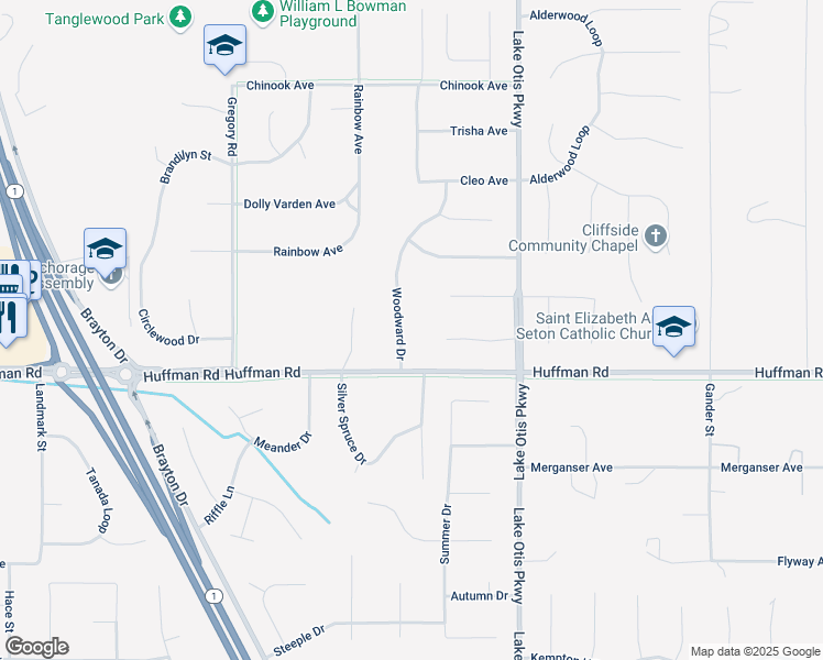 map of restaurants, bars, coffee shops, grocery stores, and more near 12313 Woodward Drive in Anchorage