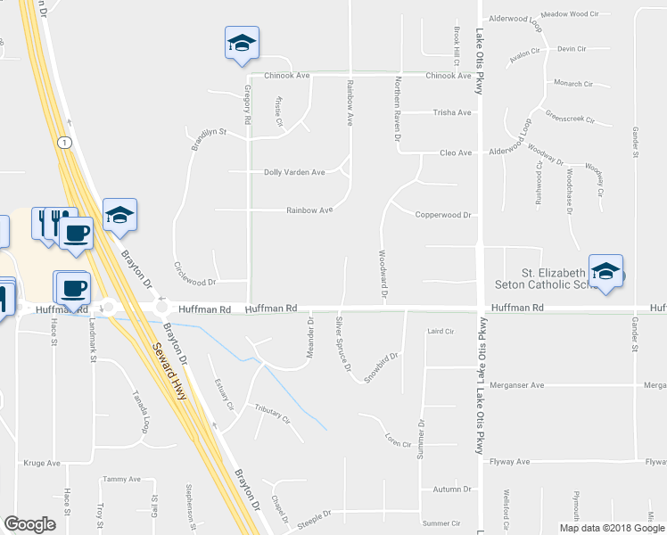 map of restaurants, bars, coffee shops, grocery stores, and more near 12298 Silver Spruce Circle in Anchorage