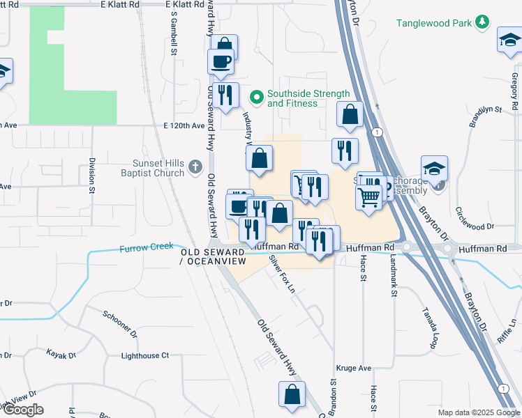 map of restaurants, bars, coffee shops, grocery stores, and more near 1160 Huffman Park Drive in Anchorage