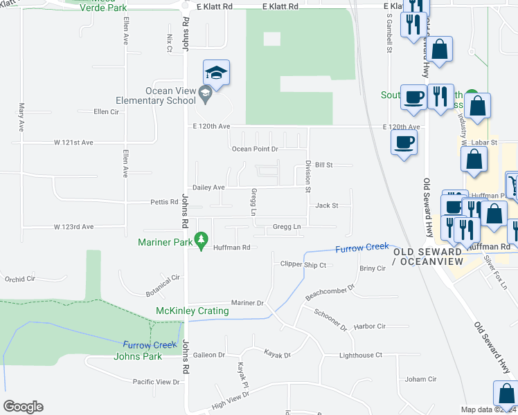 map of restaurants, bars, coffee shops, grocery stores, and more near 12305 Gregg Lane in Anchorage