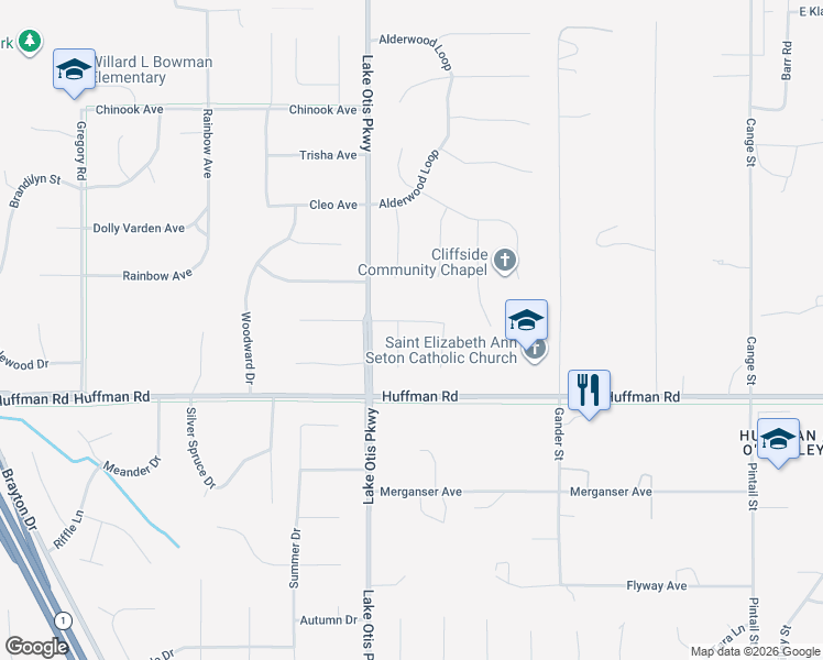map of restaurants, bars, coffee shops, grocery stores, and more near 12251 Timberlane Drive in Anchorage