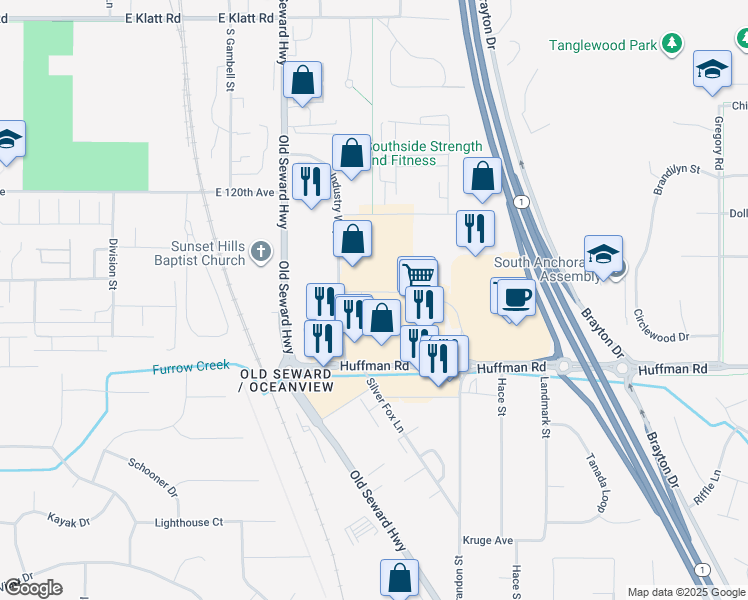 map of restaurants, bars, coffee shops, grocery stores, and more near in Anchorage