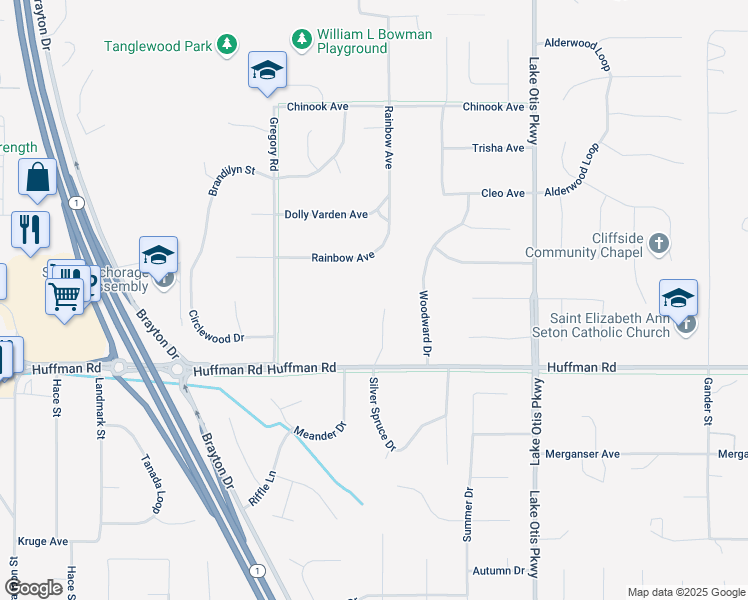 map of restaurants, bars, coffee shops, grocery stores, and more near 12274 Silver Spruce Circle in Anchorage