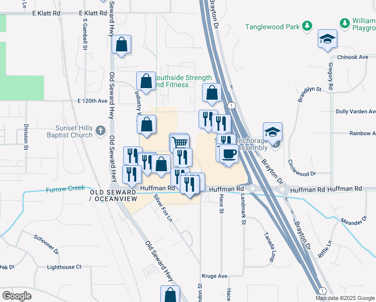 map of restaurants, bars, coffee shops, grocery stores, and more near 1320 Huffman Park Drive in Anchorage