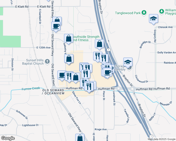 map of restaurants, bars, coffee shops, grocery stores, and more near 1320 Huffman Park Drive in Anchorage