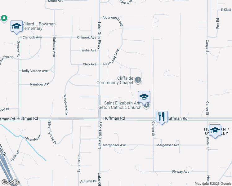 map of restaurants, bars, coffee shops, grocery stores, and more near 12251 Timberlane Drive in Anchorage