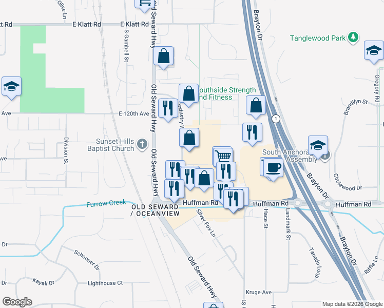 map of restaurants, bars, coffee shops, grocery stores, and more near in Anchorage