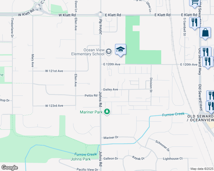 map of restaurants, bars, coffee shops, grocery stores, and more near 12231 Johns Road in Anchorage