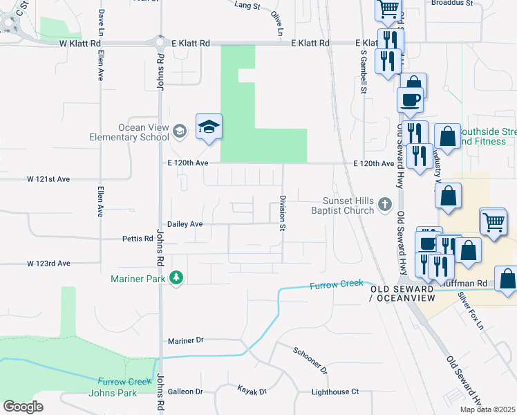 map of restaurants, bars, coffee shops, grocery stores, and more near 559 Ocean Point Drive in Anchorage