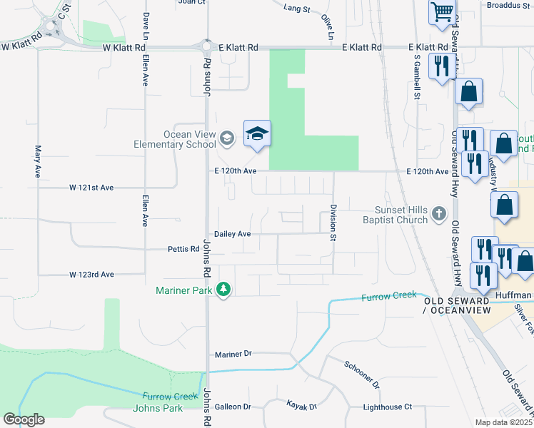 map of restaurants, bars, coffee shops, grocery stores, and more near 351 Ocean Point Drive in Anchorage