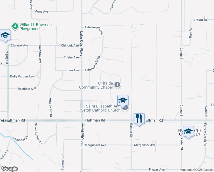 map of restaurants, bars, coffee shops, grocery stores, and more near 12105 Rushwood Circle in Anchorage