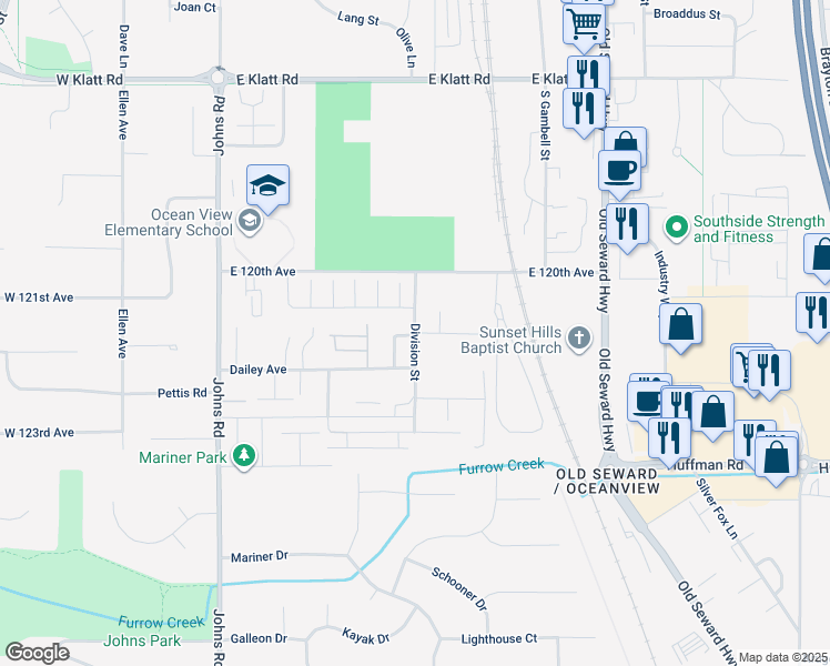 map of restaurants, bars, coffee shops, grocery stores, and more near 12101 Division Street in Anchorage