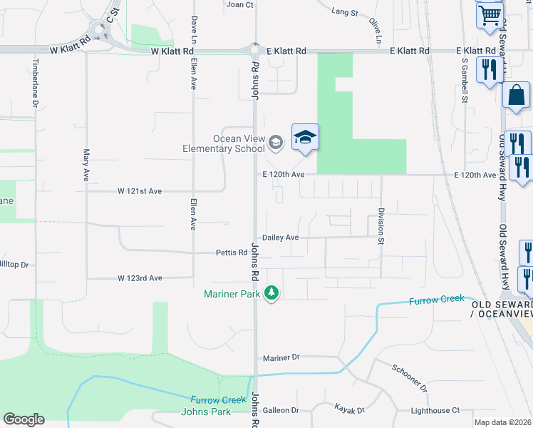 map of restaurants, bars, coffee shops, grocery stores, and more near 12061 Johns Road in Anchorage