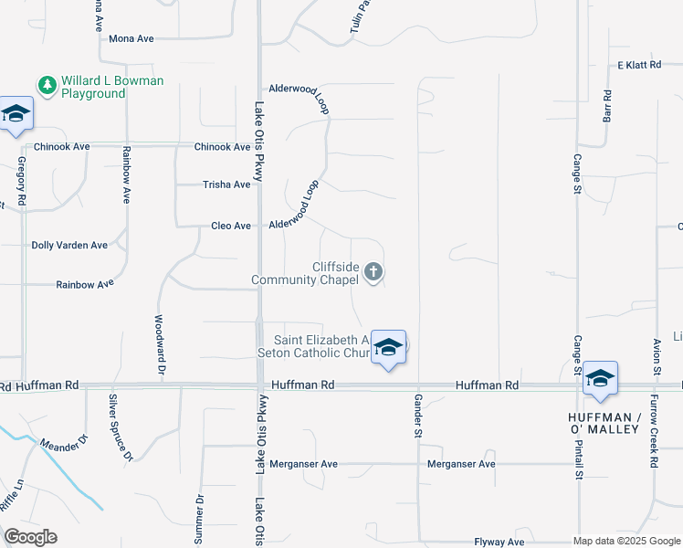 map of restaurants, bars, coffee shops, grocery stores, and more near 12105 Rushwood Circle in Anchorage