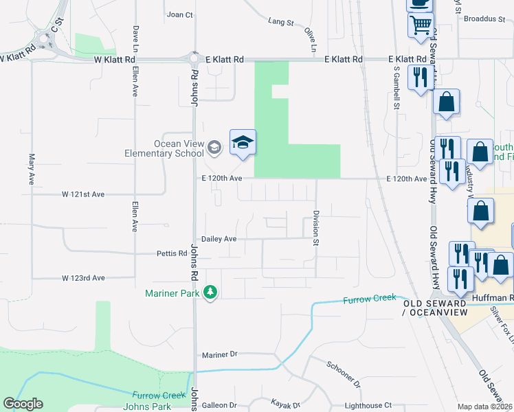 map of restaurants, bars, coffee shops, grocery stores, and more near 351 Ocean Point Drive in Anchorage