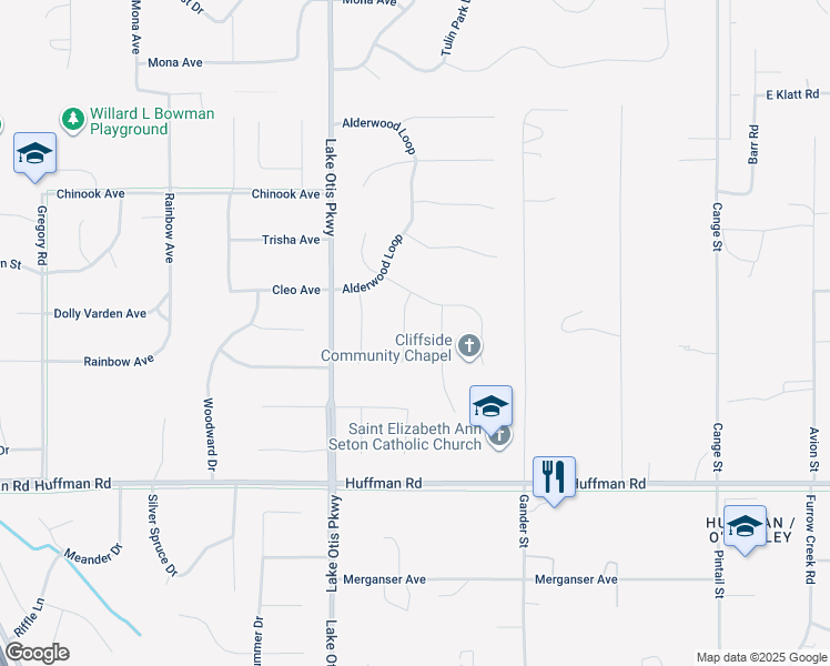 map of restaurants, bars, coffee shops, grocery stores, and more near 12105 Rushwood Circle in Anchorage