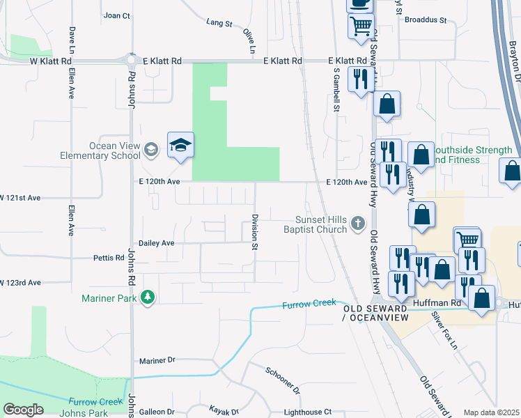 map of restaurants, bars, coffee shops, grocery stores, and more near 12101 Division Street in Anchorage
