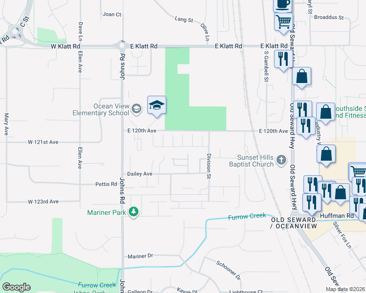 map of restaurants, bars, coffee shops, grocery stores, and more near 12099 Seashore Place in Anchorage