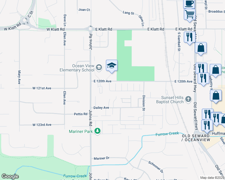 map of restaurants, bars, coffee shops, grocery stores, and more near 351 Ocean Point Drive in Anchorage