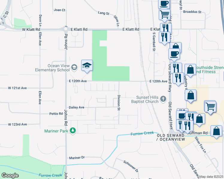 map of restaurants, bars, coffee shops, grocery stores, and more near 559 Ocean Point Drive in Anchorage
