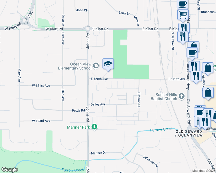 map of restaurants, bars, coffee shops, grocery stores, and more near 351 Ocean Point Drive in Anchorage