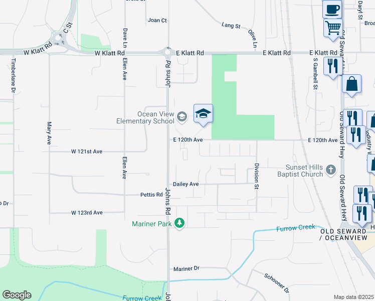 map of restaurants, bars, coffee shops, grocery stores, and more near 250 East 120th Avenue in Anchorage