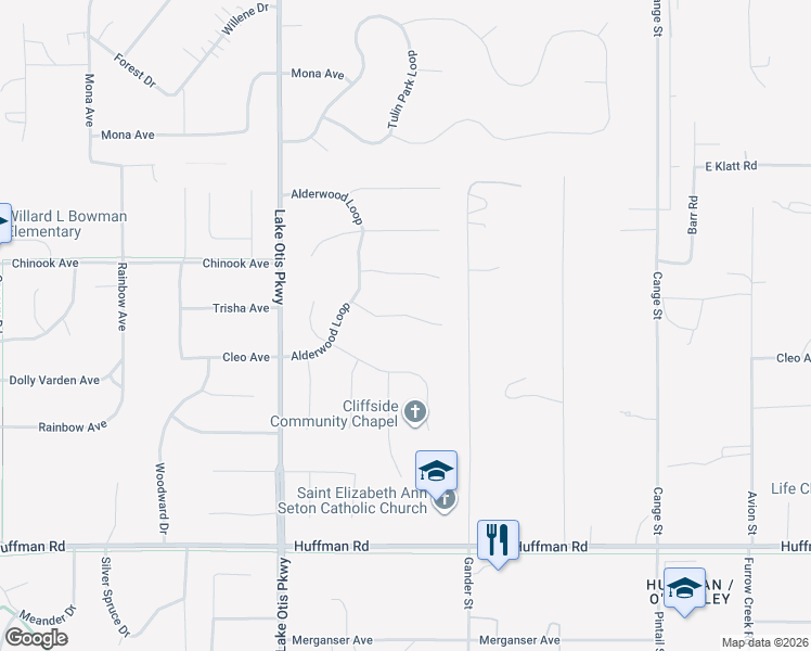 map of restaurants, bars, coffee shops, grocery stores, and more near 2800 Greenscreek Circle in Anchorage
