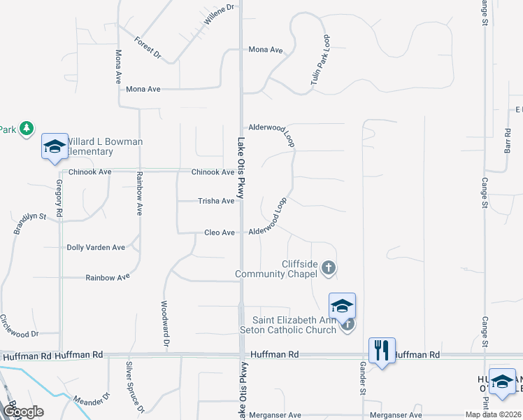 map of restaurants, bars, coffee shops, grocery stores, and more near 11940 Devonshire Circle in Anchorage