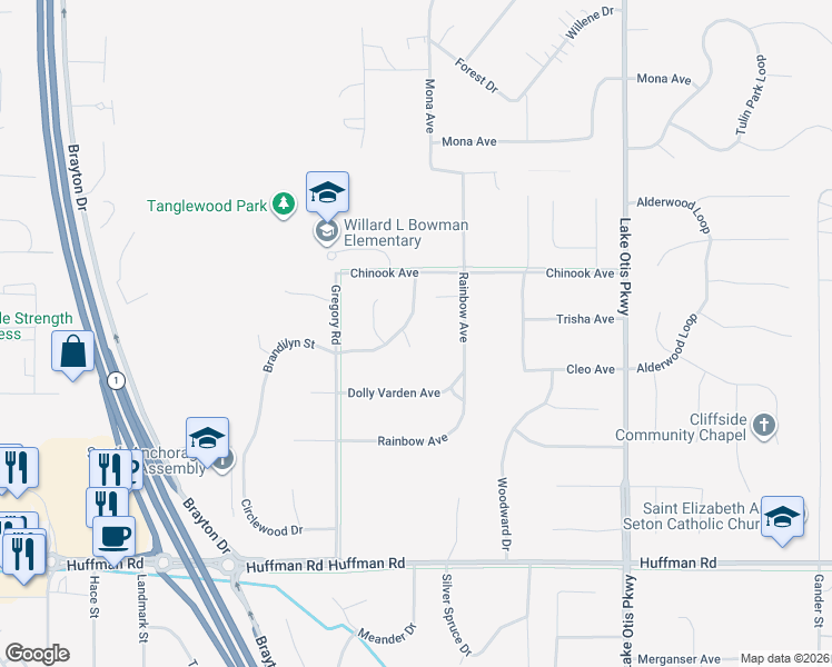 map of restaurants, bars, coffee shops, grocery stores, and more near 2036 Brandilyn Circle in Anchorage