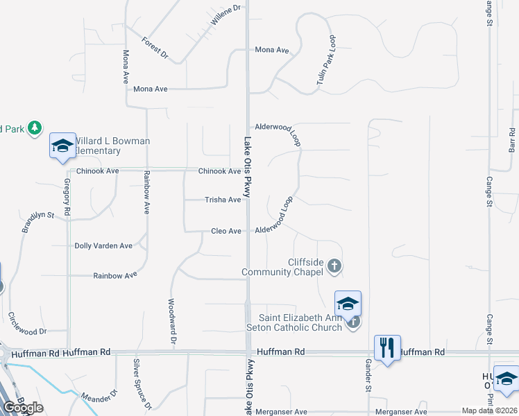 map of restaurants, bars, coffee shops, grocery stores, and more near 11940 Devonshire Circle in Anchorage