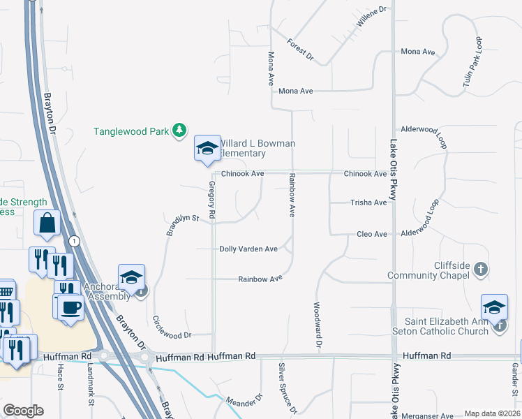 map of restaurants, bars, coffee shops, grocery stores, and more near 2036 Brandilyn Circle in Anchorage