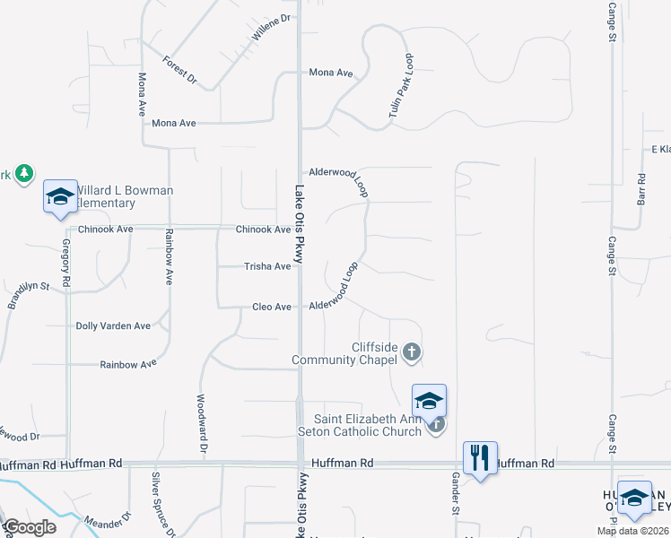 map of restaurants, bars, coffee shops, grocery stores, and more near 11931 Devonshire Circle in Anchorage