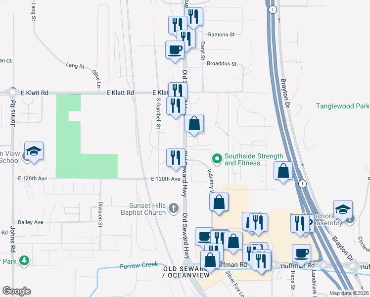 map of restaurants, bars, coffee shops, grocery stores, and more near 11801 Old Seward Highway in Anchorage