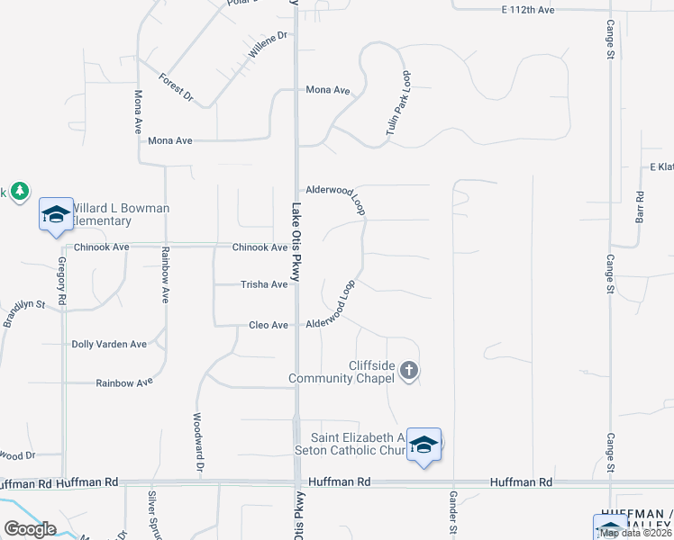 map of restaurants, bars, coffee shops, grocery stores, and more near 11931 Devonshire Circle in Anchorage