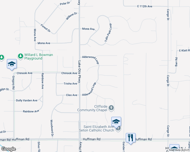 map of restaurants, bars, coffee shops, grocery stores, and more near 2731 Avalon Circle in Anchorage