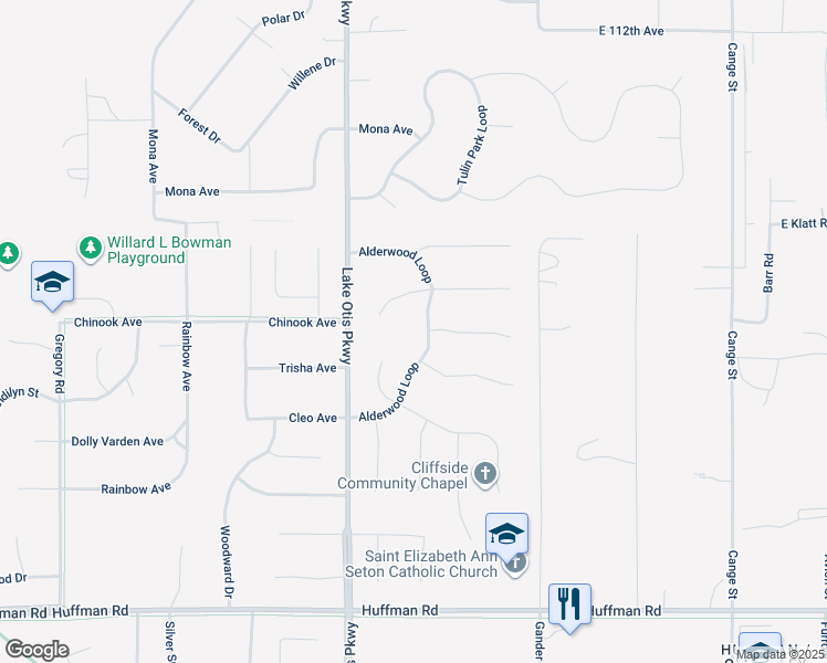 map of restaurants, bars, coffee shops, grocery stores, and more near 2731 Avalon Circle in Anchorage