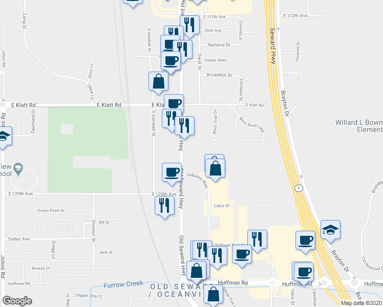 map of restaurants, bars, coffee shops, grocery stores, and more near 11801 Old Seward Highway in Anchorage