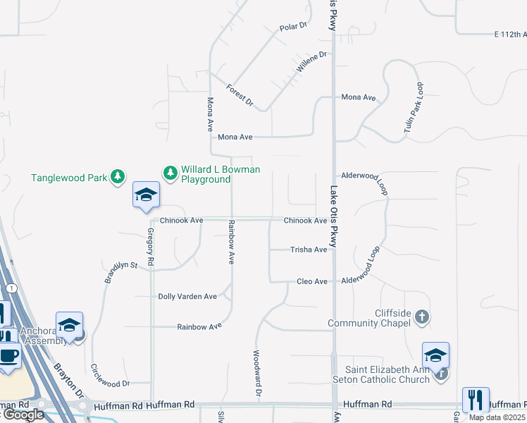 map of restaurants, bars, coffee shops, grocery stores, and more near 2375 Chinook Avenue in Anchorage