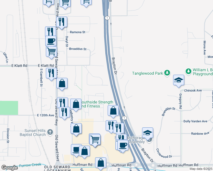 map of restaurants, bars, coffee shops, grocery stores, and more near 11703 Birch Knoll Loop in Anchorage