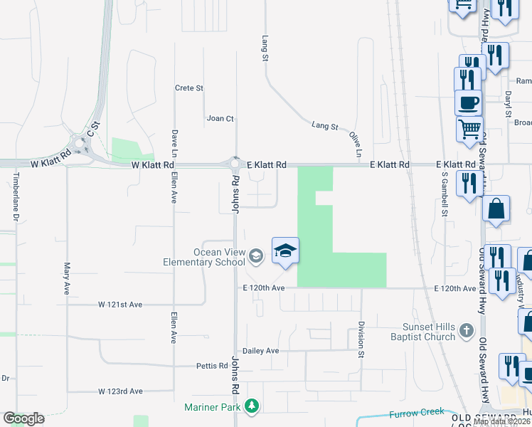 map of restaurants, bars, coffee shops, grocery stores, and more near 230 Deerfield Drive in Anchorage