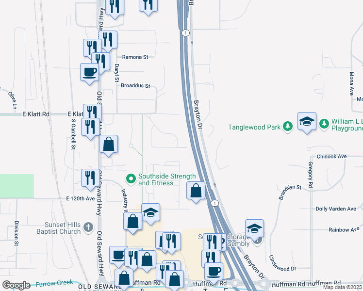 map of restaurants, bars, coffee shops, grocery stores, and more near 11703 Birch Knoll Loop in Anchorage
