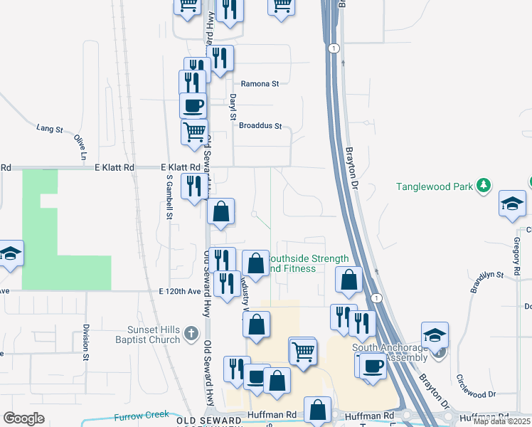 map of restaurants, bars, coffee shops, grocery stores, and more near 11731 Birch Trail Circle in Anchorage
